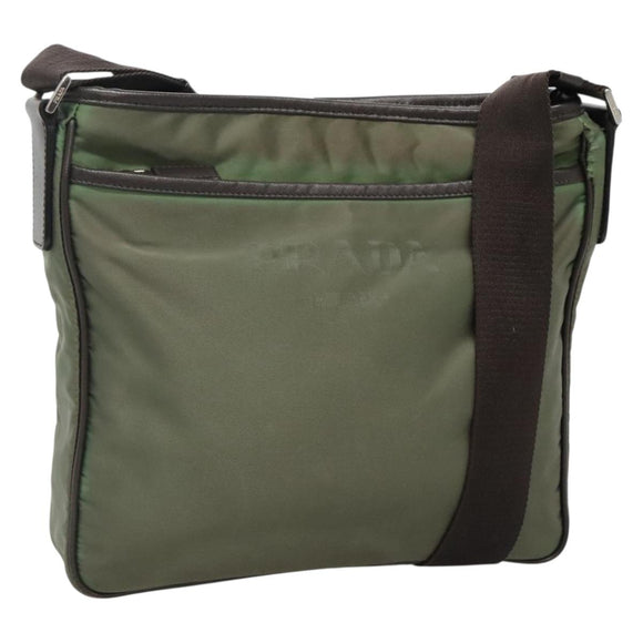 PRADA Shoulder Bag Nylon Khaki Silver Auth BA3657