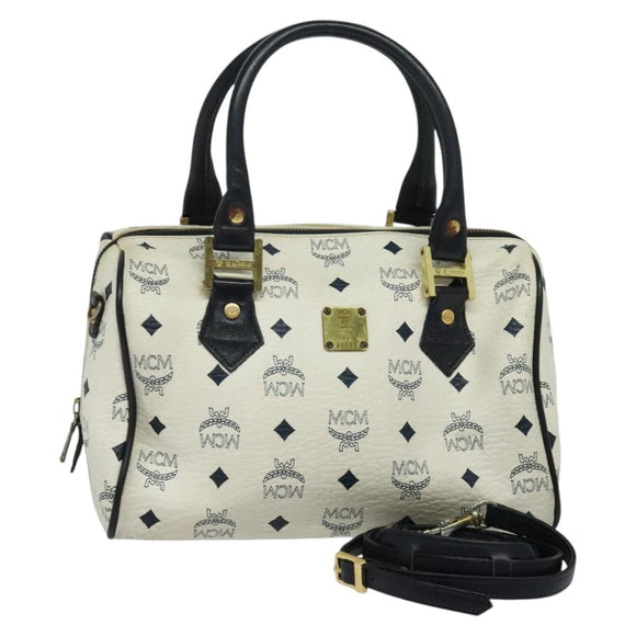 MCM Logogram Vicetos Hand Bag PVC Leather 2way White Gold Auth BA3660