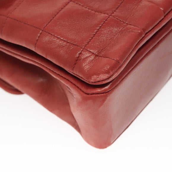 CHANEL Choco Bar Chain Shoulder Bag Lamb Skin Red Silver CC Auth BA3678