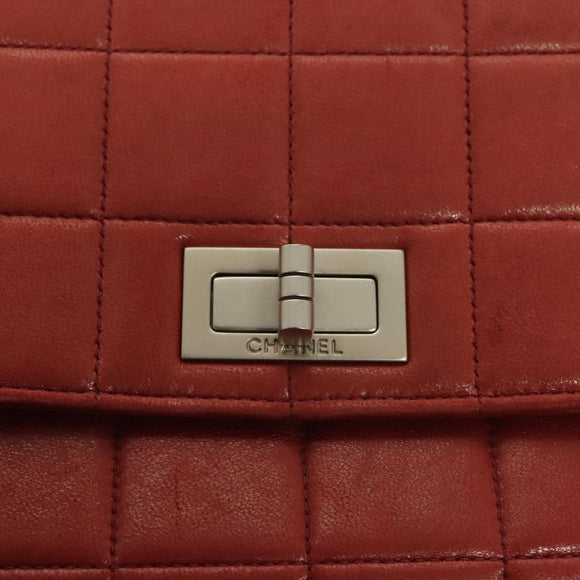 CHANEL Choco Bar Chain Shoulder Bag Lamb Skin Red Silver CC Auth BA3678