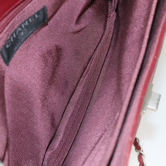 CHANEL Choco Bar Chain Shoulder Bag Lamb Skin Red Silver CC Auth BA3678