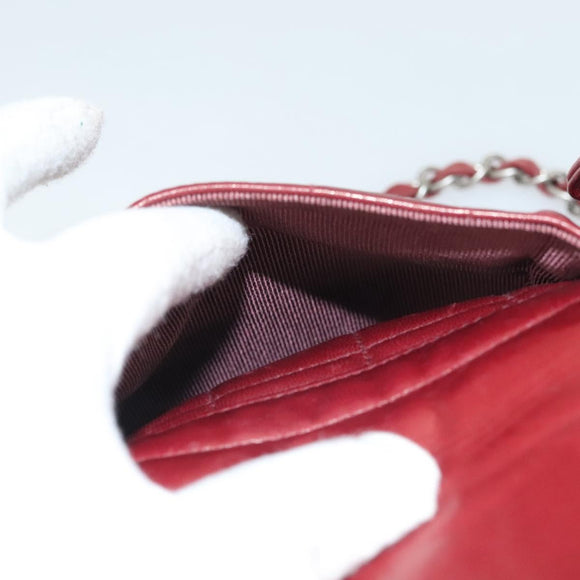 CHANEL Choco Bar Chain Shoulder Bag Lamb Skin Red Silver CC Auth BA3678