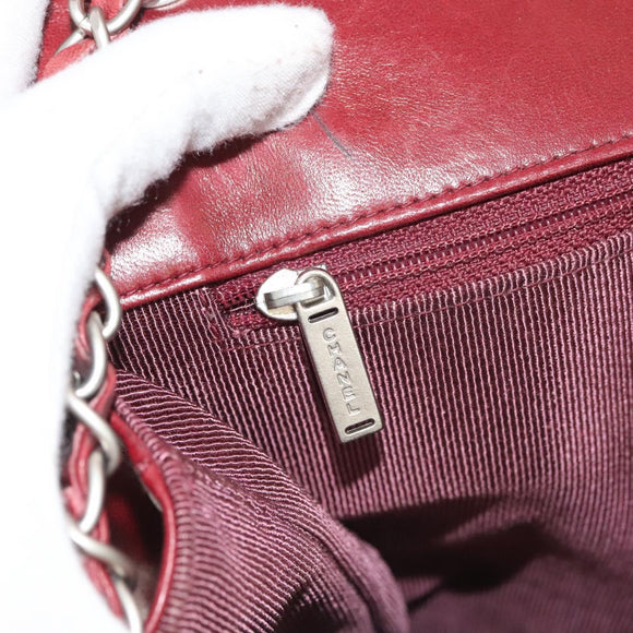 CHANEL Choco Bar Chain Shoulder Bag Lamb Skin Red Silver CC Auth BA3678