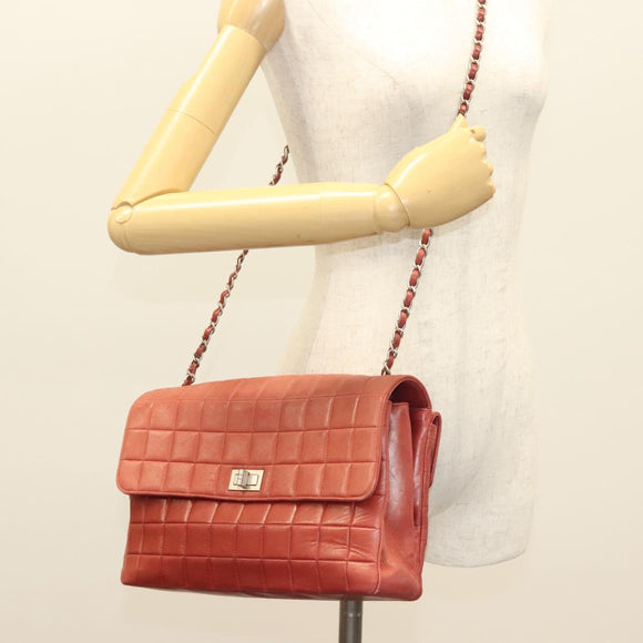 CHANEL Choco Bar Chain Shoulder Bag Lamb Skin Red Silver CC Auth BA3678