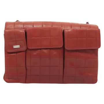 CHANEL Choco Bar Chain Shoulder Bag Lamb Skin Red Silver CC Auth BA3678 - 0