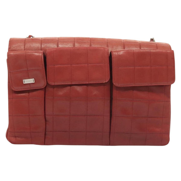 CHANEL Choco Bar Chain Shoulder Bag Lamb Skin Red Silver CC Auth BA3678