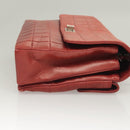 CHANEL Choco Bar Chain Shoulder Bag Lamb Skin Red Silver CC Auth BA3678-3