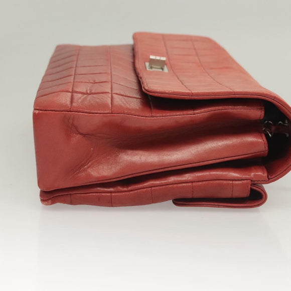 CHANEL Choco Bar Chain Shoulder Bag Lamb Skin Red Silver CC Auth BA3678