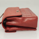 CHANEL Choco Bar Chain Shoulder Bag Lamb Skin Red Silver CC Auth BA3678-4