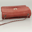 CHANEL Choco Bar Chain Shoulder Bag Lamb Skin Red Silver CC Auth BA3678-6