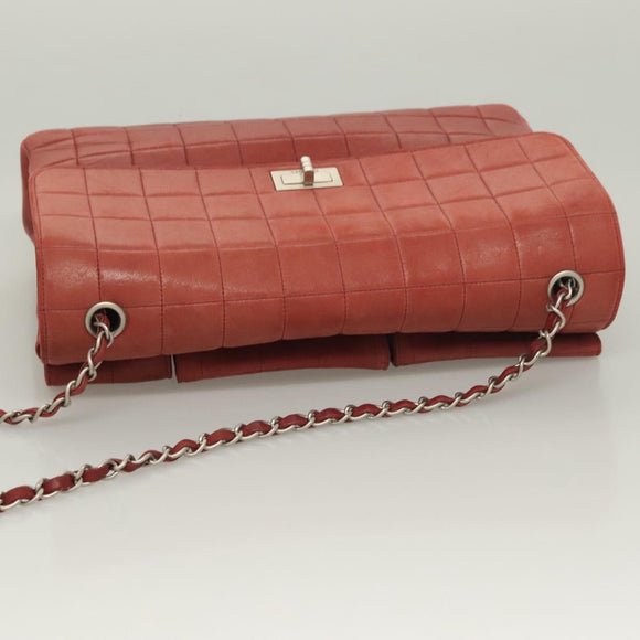 CHANEL Choco Bar Chain Shoulder Bag Lamb Skin Red Silver CC Auth BA3678