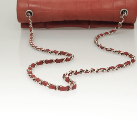 CHANEL Choco Bar Chain Shoulder Bag Lamb Skin Red Silver CC Auth BA3678