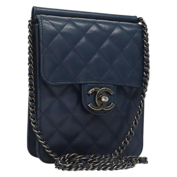 CHANEL Chain Shoulder Bag Lamb Skin Blue CC Auth BA3679