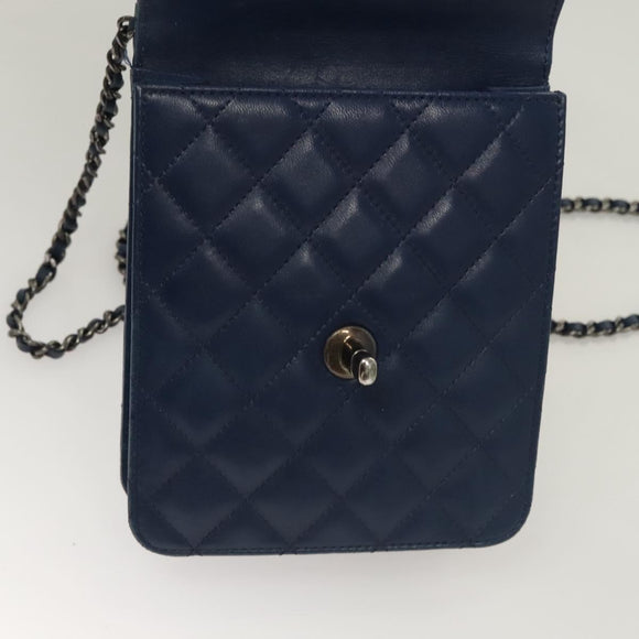 CHANEL Chain Shoulder Bag Lamb Skin Blue CC Auth BA3679