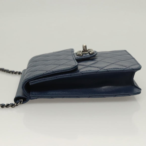 CHANEL Chain Shoulder Bag Lamb Skin Blue CC Auth BA3679