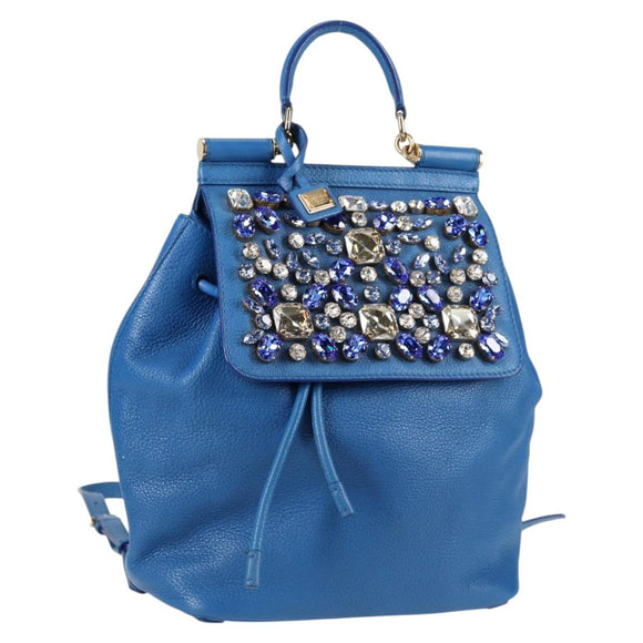 DOLCE&GABBANA Rhinestone Backpack Leather Blue Gold Auth BA3681V