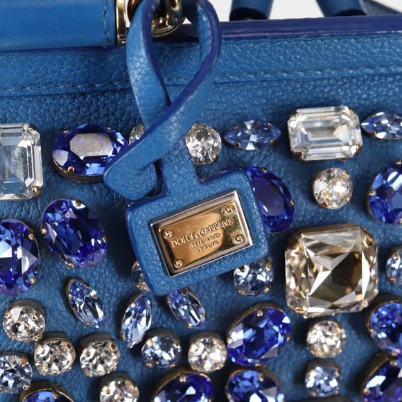 DOLCE&GABBANA Rhinestone Backpack Leather Blue Gold Auth BA3681V