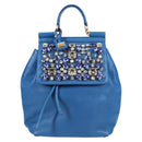 DOLCE&GABBANA Rhinestone Backpack Leather Blue Gold Auth BA3681V-13
