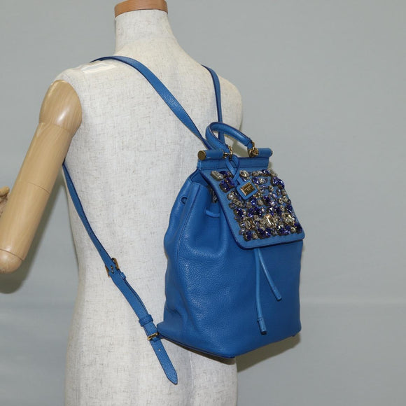 DOLCE&GABBANA Rhinestone Backpack Leather Blue Gold Auth BA3681V