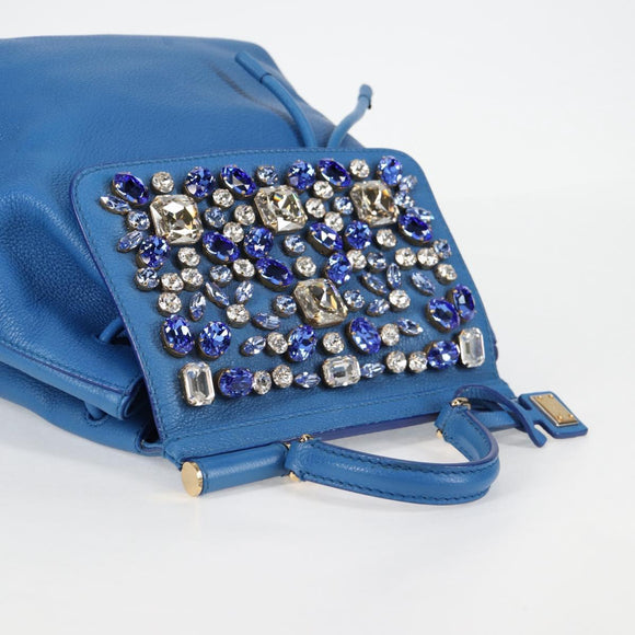 DOLCE&GABBANA Rhinestone Backpack Leather Blue Gold Auth BA3681V