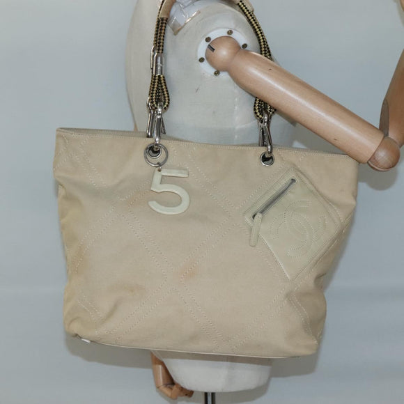CHANEL COCO Mark Tote Bag Canvas Beige Silver CC Auth BA3696