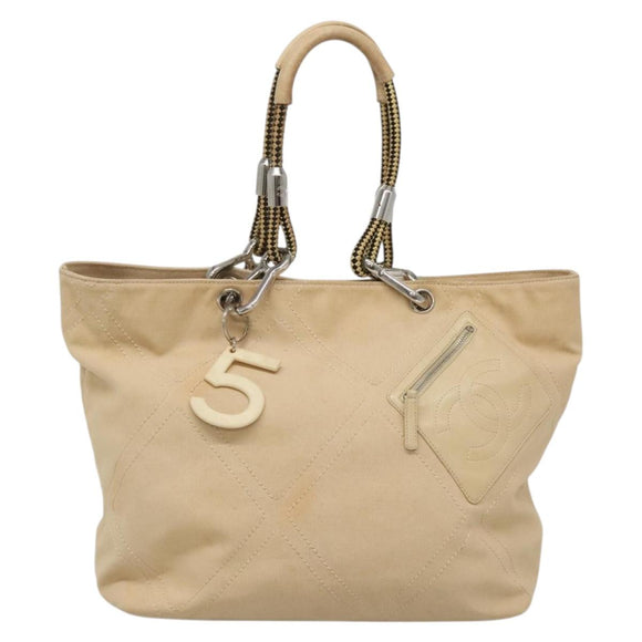 CHANEL COCO Mark Tote Bag Canvas Beige Silver CC Auth BA3696