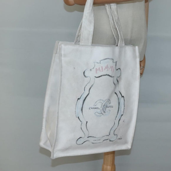 CHANEL COCO Mark Tote Bag Canvas White Silver CC Auth BA3697