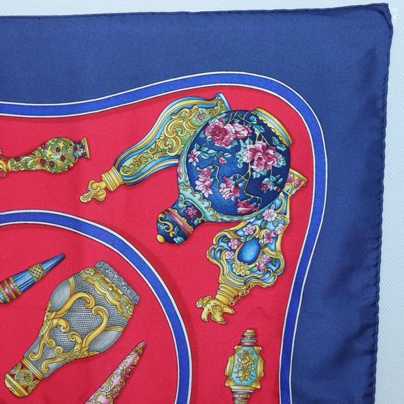 HERMES Carre 90 Scarf ""Qu`importe le flacon"" Silk Red Blue Auth BA3716