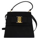 Salvatore Ferragamo Vala Hand Bag Suede 2way Black Gold Auth BA373-13