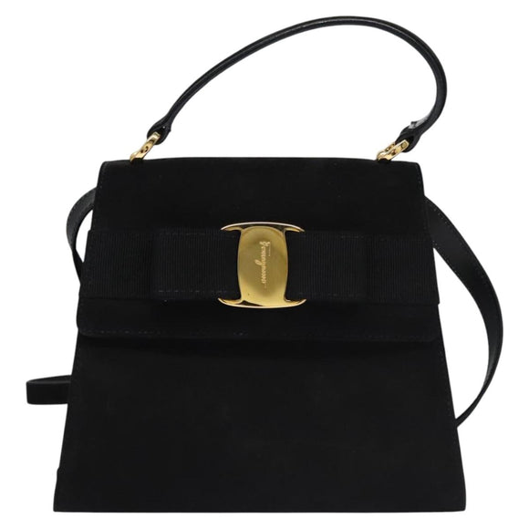 Salvatore Ferragamo Vala Hand Bag Suede 2way Black Gold Auth BA373