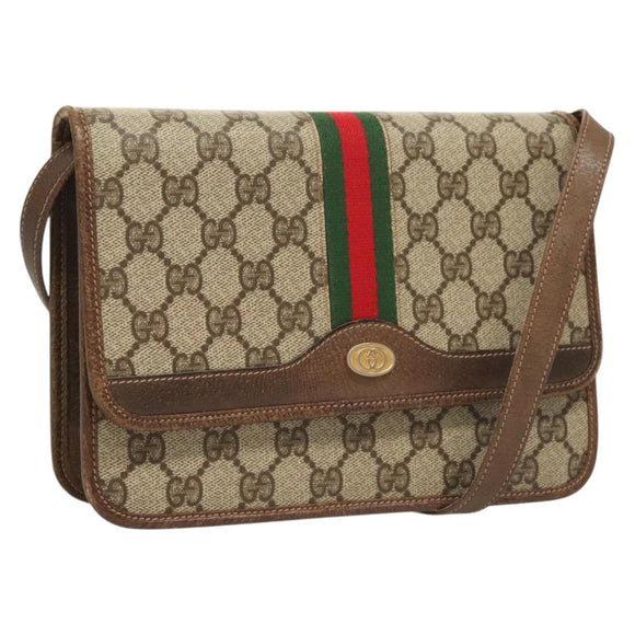 GUCCI GG Supreme Web Sherry Line Shoulder Bag PVC Beige Gold Auth BA3785