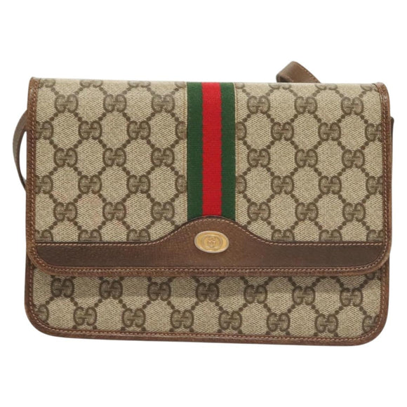 GUCCI GG Supreme Web Sherry Line Shoulder Bag PVC Beige Gold Auth BA3785