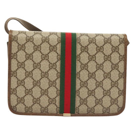 GUCCI GG Supreme Web Sherry Line Shoulder Bag PVC Beige Gold Auth BA3785 - 0