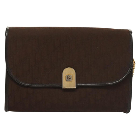 Christian Dior Trotter Canvas Chain Shoulder Bag Dark Brown Gold Auth BA3787