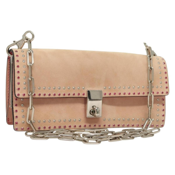 VALENTINO Rhinestone Chain Shoulder Bag Suede Pink Silver Auth BA3802