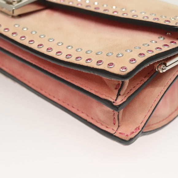 VALENTINO Rhinestone Chain Shoulder Bag Suede Pink Silver Auth BA3802