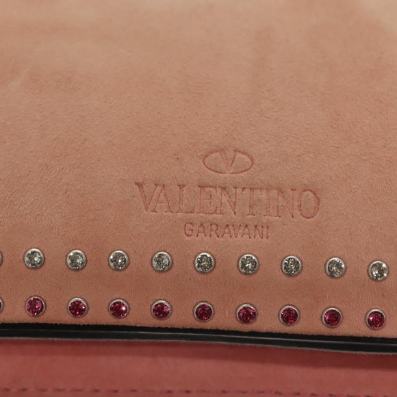VALENTINO Rhinestone Chain Shoulder Bag Suede Pink Silver Auth BA3802