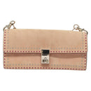VALENTINO Rhinestone Chain Shoulder Bag Suede Pink Silver Auth BA3802-2