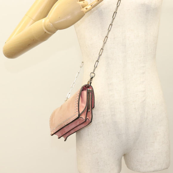 VALENTINO Rhinestone Chain Shoulder Bag Suede Pink Silver Auth BA3802