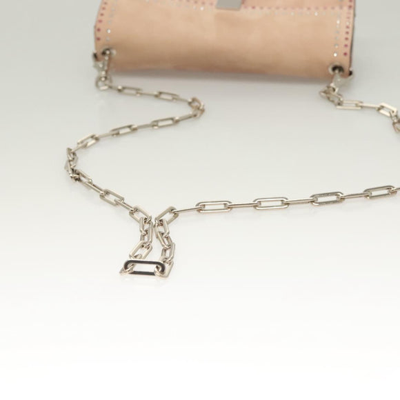 VALENTINO Rhinestone Chain Shoulder Bag Suede Pink Silver Auth BA3802