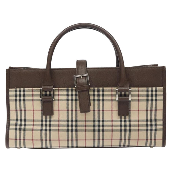 BURBERRY Nova Check Hand Bag Canvas Beige Silver Auth BA3809