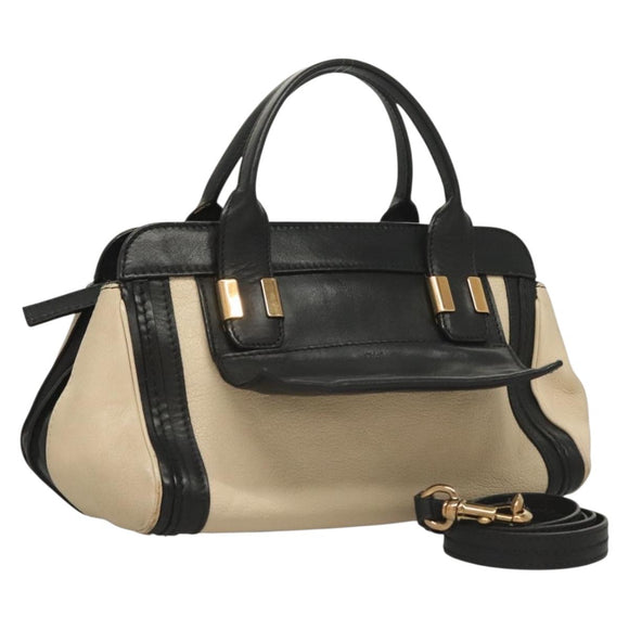 Chloe Alice Hand Bag Leather 2way White Black gold Auth BA3814