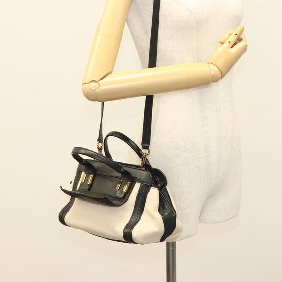 Chloe Alice Hand Bag Leather 2way White Black gold Auth BA3814