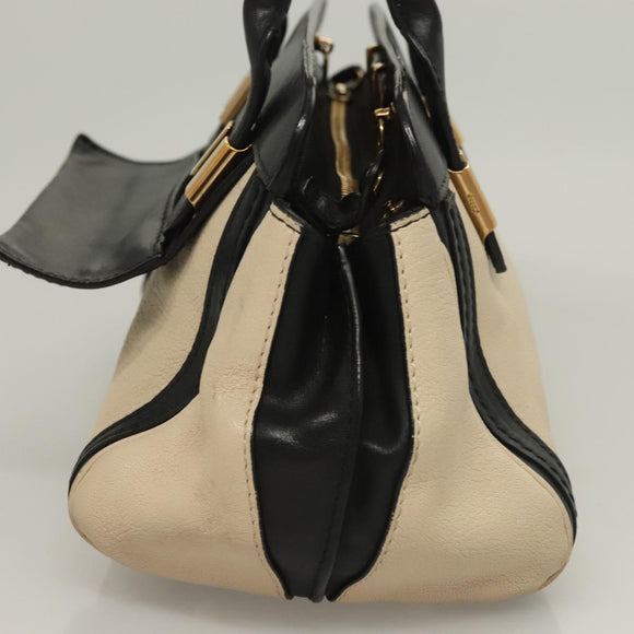 Chloe Alice Hand Bag Leather 2way White Black gold Auth BA3814