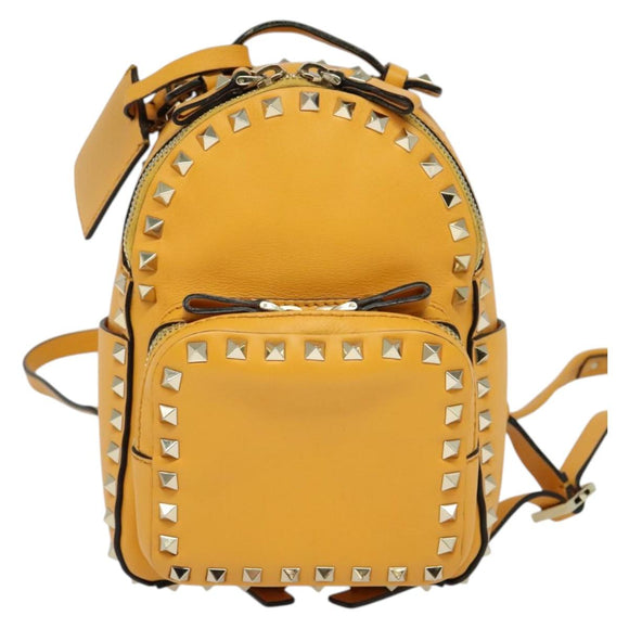 VALENTINO Studs Backpack Leather Yellow Silver Auth BA3815