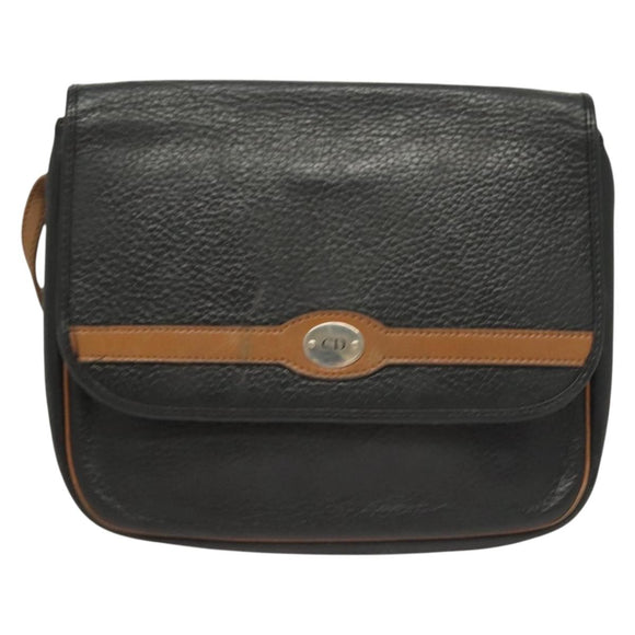 Christian Dior Shoulder Bag Leather Black Gold Auth BA3826