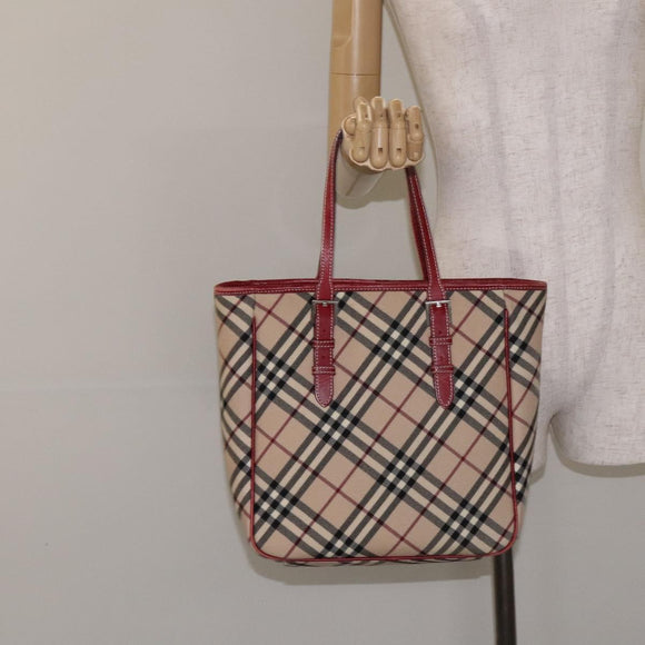 BURBERRY Nova Check Blue Label Tote Bag Canvas Beige Silver Auth BA3843