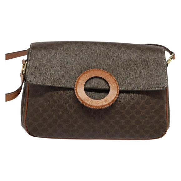 CELINE Macadam Canvas Shoulder Bag PVC Leather Brown Gold Auth BA3852