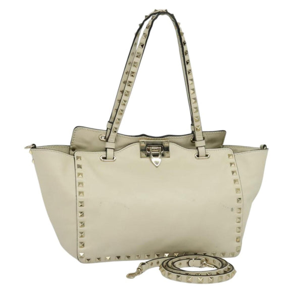 VALENTINO Studs Tote Bag Leather White Gold Auth BA3903