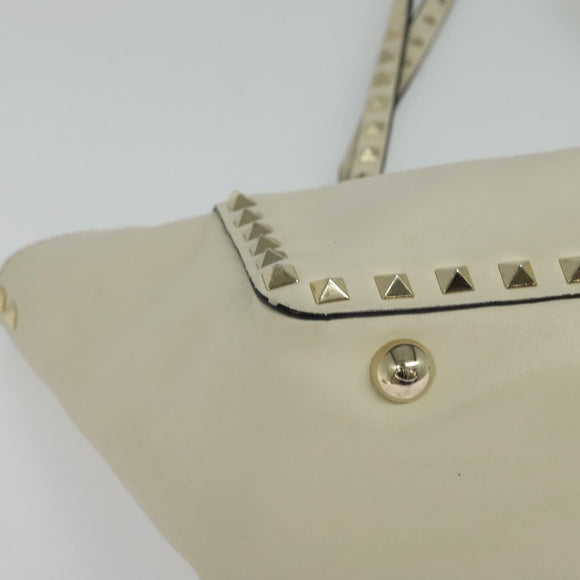 VALENTINO Studs Tote Bag Leather White Gold Auth BA3903